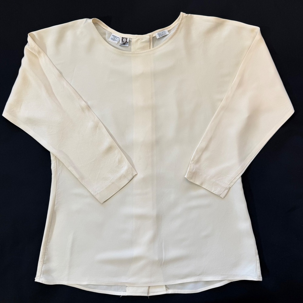 Vintage 100% Silk Blouse Anne Klein Cream Button Back ILGWU Made in USA Size 12